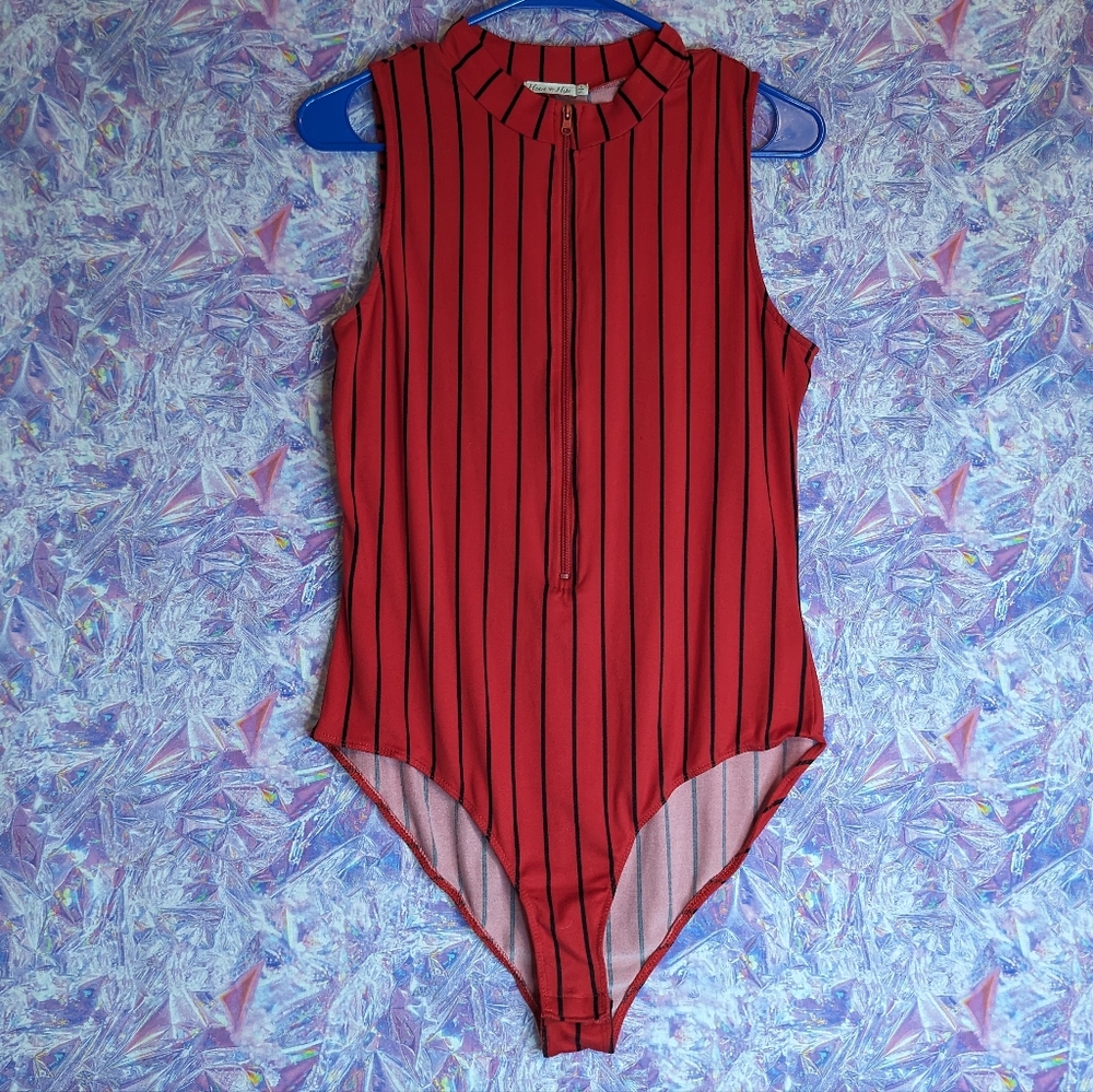 Heart Hips Red and Black Striped Bodysuit Size L